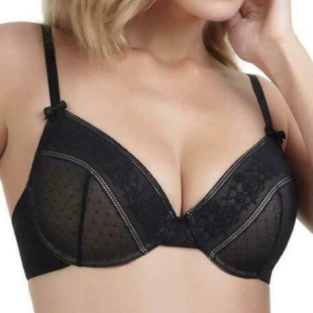 Le Mystere Pin Up Bra 38D black lace nude plunge bow adjustable bra peek a boo